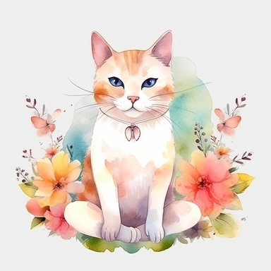 cute cat doing yoga exercise, yoga lotus flower background, watercolour clip art