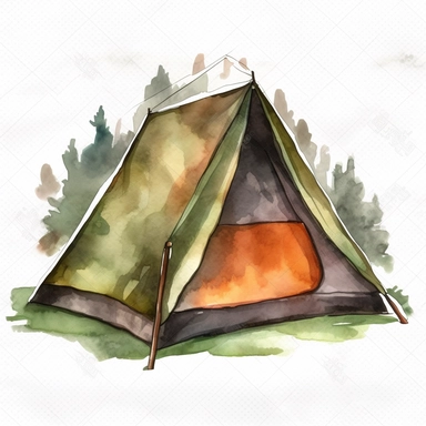 watercolor, Tent - Clip art of a tent or camping shelter. png Full body realistic cartoon in 32K UHD cute. 15 cm thick outline. Black color. There was no shadow on the ground. 8k with realistic watercolors and detailed illustrations. PNG clipart, transparent white background