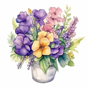 Design a captivating hand-drawn watercolor clip art image of a family gift niche embellished with birth flowers. Customize the image for a family of five: a February baby (Violet), an April baby (Sweet Pea), a July baby (Larkspur), an October baby (Marigold), and a December baby (Holly). Enhance the image by including delicate watercolor foliage surrounding the birth flowers, adding depth and a touch of nature to the composition.