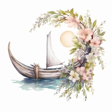 clipart, isolated on white background, Watercolor spring fairy and flowers and branches and grass and leaves, moon and boat, ornated, pastel colors