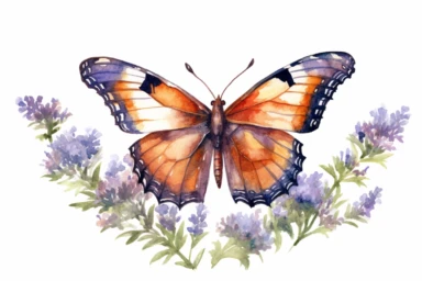 Watercolor, Generate an image of a California Sister butterfly perched on a branch, surrounded by native plants from its habitat, clipart, hd, on a white background, spaced out