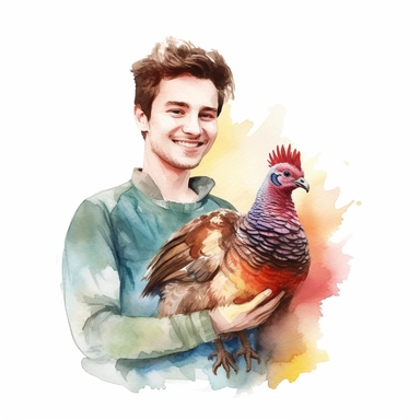 Adorable pet Turkey having happy moment with it's human owner, water color style, clipart, white background