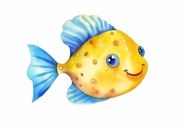 cartoon watercolor flounder fish, yellow with blue stripes, in the style of the little mermaid character Flounder, clipart, white background