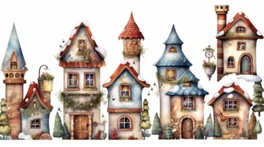 Sticker pack for scrapbooking, Christmas cute and whimsical houses, Christmas various decorations, Christmas scenery, colorful, high quality NO ugly pictures 1024 × 1024 light upscale, Michael Powell style, white background, clipart: