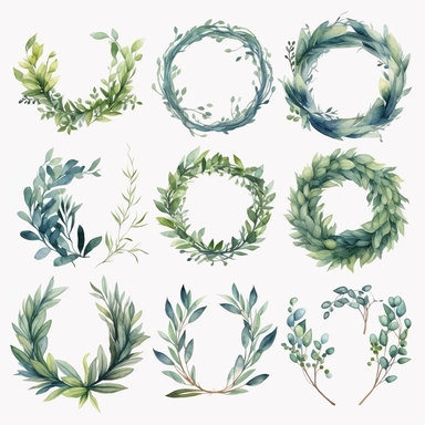 watercolor clipart, wreath greenery, sprigs, branches, leaves, extremely detailed
