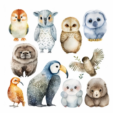 A group of cute, straight out of a kiddie watercolor clipart, sits against a pristine white background with delicate margins. These animals are small in body, but their big, curious eyes are what truly sets them apart. Each of them is unique, with different shapes and colors, but they all share a mischievous twinkle in their gaze. The illustrations are reminiscent of Zdeněk Miler's + Miriam Koch's famous 2D style, capturing both the cuteness and cuddliness of these creatures in perfect harmony. 