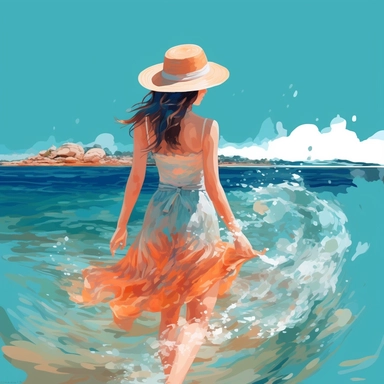 a girl with hat and floating floral dress stands in the clear ocean, showing the shoreline scene, and the light blue color and warm weather, in warter color style, clipart