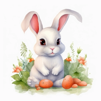 Watercolor: cute baby big eye rabbit happy cubby white bunny surrounded by carrots. png Full body realistic cartoon 32k UHD cute. 15cm thick outline. Black color. No shadow on the ground. with illustrations realistic water color and detailed illustrations. Cartoon, PNG clipart, transparent white background