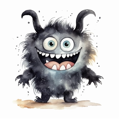 watercolor clipart, a beautiful black cute little monster laughing, big teeths, cute big eyes, happy, pretty, white background