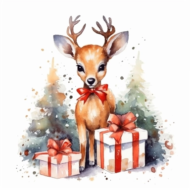 one christma deer and gift box watercolor clipart on a white background, in the style of detailed nature depictions, whimsical drawings , no watermark, text, 300 DPI , typography, shapes do not stick together, no text in the picture, on a white background