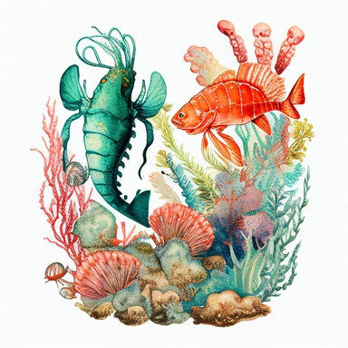 vintage colorful watercolor coral reef clipart lobster and flounder transparent background