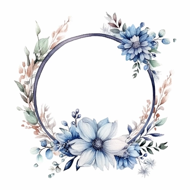 watercolor clipart of a empty suttle dainty floral oval frame surrounded by dusty blue color flowers. Capture the essence of blooming beauty and intricate details in your artwork, white background