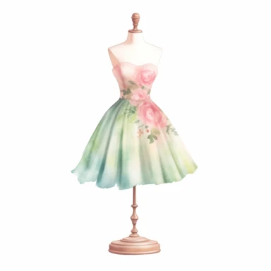 watercolor mannequin with vintage dress, pink and mint, high quality, clipart, white background