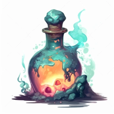 magical potion bottle, magical and mystical, video game style, clean and crisp, clipart, illustration, alchemical, smoke and embelishments, wizards potions, isolated on white background