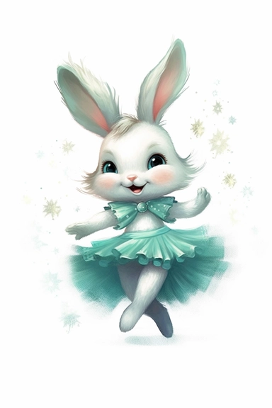 a cute bunny in a light teal dance tutu twirling, cartoon, clipart, white background with starts