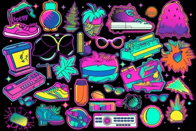Retro 80s 90s clipart set. Neon colors y2k fashion patch, badge, emblem, stickers.