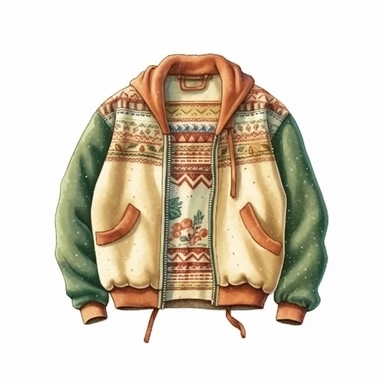 isolated illustration on a white background, a hyper realistic camping sweater rich green and beige warm colors , Clipart, watercolor realistic and highly detailed, natural realistic warm colors
