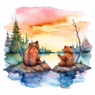 watercolor big bear and little bear clipart, sitting together, fishing on lake, with beautiful background of a sunset, bright colors, on a white background