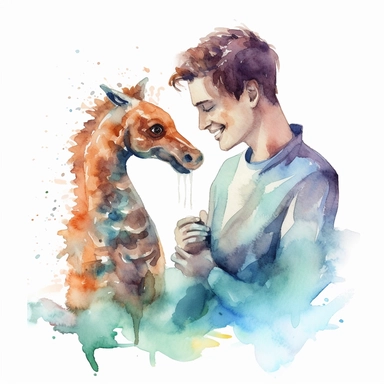 Adorable pet Seahorse having happy moment with it's human owner, water color style, clipart, white background