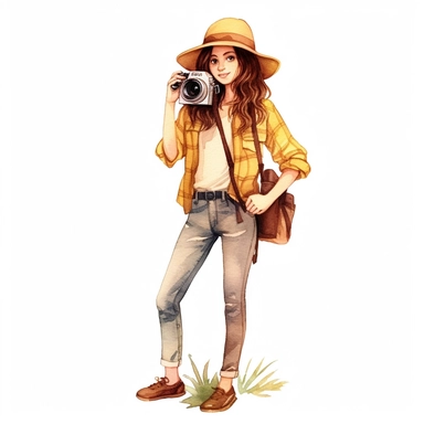 Cute adventurest female photographer with a camera, Cute and sunny outfit, Watercolor style, clipart solid white background