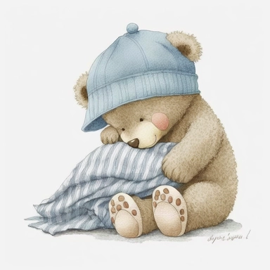 an ultra Cute little newborn baby teddy bear wearing pyjamas, #475F94 dusky blue shabby chic traditional classic striped pyjamas and a bedtime hat , watercolour, cute,, bedtime, sleepy, dreamy, isolated on white background, Clipart