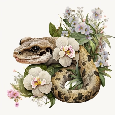 cute boa constrictor, clipart, flowers, realistic, very detailed, white background