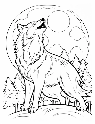 clipart cartoon friendly warewolf howling, moon in the style of Pierre-Auguste Renior black and white child's coloring book, black and white smooth thick lines, solid white background, no background