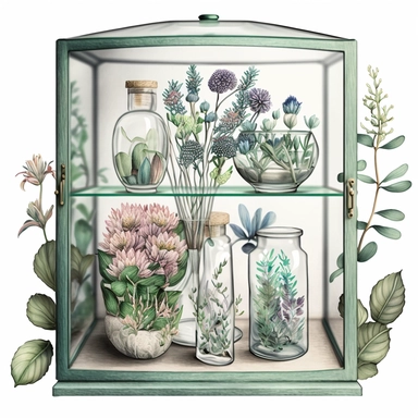 ULTRA QUALITY DETAILS, a glass cabinet with glass containers, flowers, botanical precision, watercolor, clipart