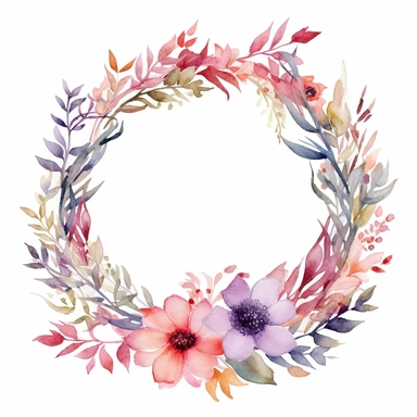 one watercolor wreath print clipart illustration on a white background, in the style of wilhelmina weber furlong, magali villeneuve, swirling vortexes, gari melchers, decorative borders, whirring contrivances, meticulously crafted scenes, no watermark, text, words, paintbrush , 300 DPI , typography, the images do not stick together, no text in the picture