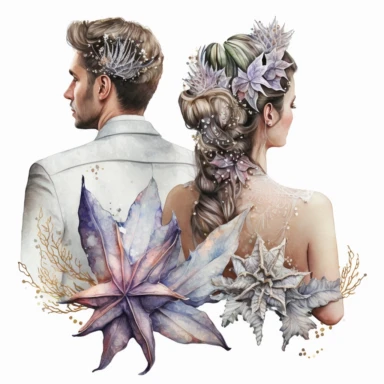 Boho nautical style, wedding bride and groom, back view, seastar, seashell, fantasy, white background, watercolor, hyperrealism, high detail, separate elements, set, clipart