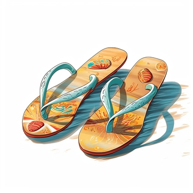 biological illustration, clip art, a pair of colorful flip-flops on a sandy beach, white background