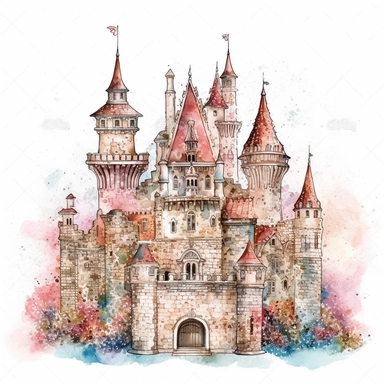 watercolor intricate detailed princess castle in light people colors clipart