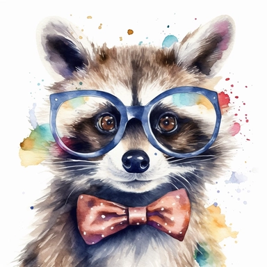 please create watercolor clipart of a raccoon smiling, wearing party GLASSES AND BOW TIE and bubbles, colorful, WHITE BACKGROUND