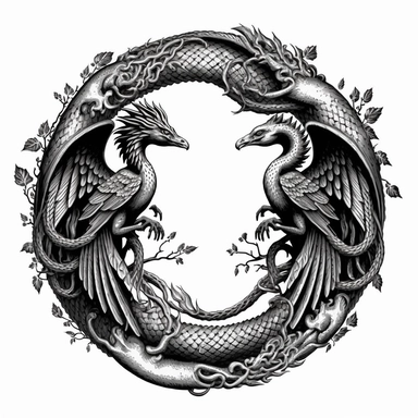 medieval double ouroboros, phoenix, black and white, illustration, clipart style