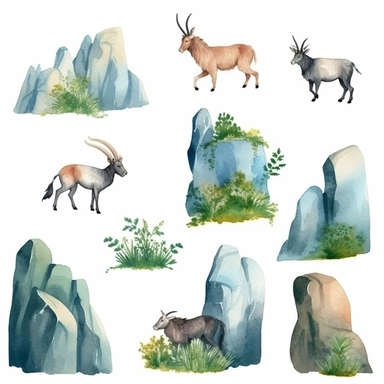 Watercolor wild goats climbing rocks in mountain , illustrations clipart set, simple , cartoon elements, rocks, bushes , different variants , , separate elements with a margin