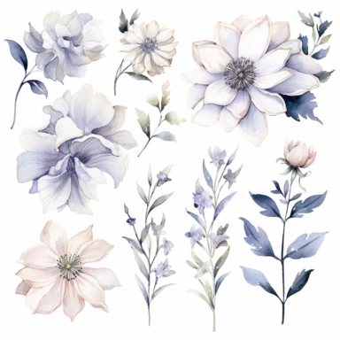 Watercolor Floral Clipart, White Flower Clipart, Neutral Floral Clipart, White Flower, White single flower, Wedding Clipart, light lilac Floral