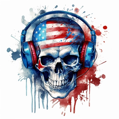 watercolour skull with headphones painting american flag, in the style of digital mixed media, splatter paintings, full body, tattoo, parodic, sentimental realism, ferrania p30, clipart