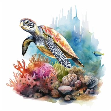 watercolor sea turtle next to coral reef clipart, creative and detailed, white background