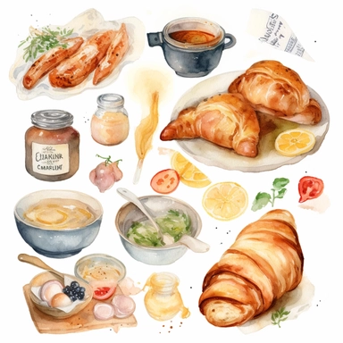 Watercolor illustration of french cuisine clipart, created by WorldFoodArtX, showcasing vibrant colors, delicate brushwork, and cultural authenticity, perfect for menu design, food blogging, recipe books, or educational projects