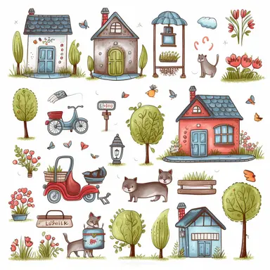 cute small houses, garden flowers and trees,cat, dog,bench, flower pots, fench,bycycle, house keys,postbox,birds,cute bettle car,outdoor lamps cliparts in hand drawn vector illustration on white background.