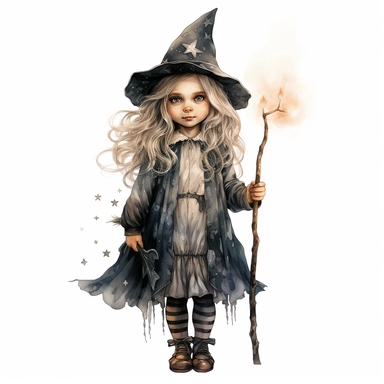 Hand drawn Vintage creepy wizard schoolgirl and small magic wand , full body, no background, watercolor, witchcraft, magical mystery art, cartoon style, very detailed, 8k ,clipart,no shadow,single design, print on demand image, PNG transparent ,white background for removing background - - no text shadow font watermark