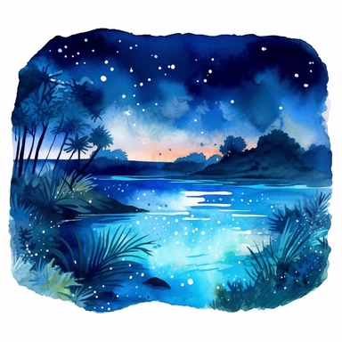 watercolor chic illustration of blue lagoon sea algae lagoon and rainforest, in the style of glowing lights, sparse and simple bright watercolorliquid light emulsion, australian landscape, i can't believe how beautiful this is, light black and blue, dark sky-blue and blue, glowwave, beatiful, clipart, sticker art, flat 2d, 8k, high definition, white background