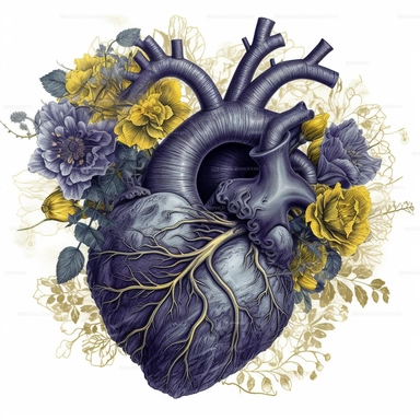 Gothic Floral anatomical Purple Heart Clipart, anatomical Valentine digital-illustration against Solid White Background. Blue veins with Yellow flowers. digital illustration look and feel The image should have a high-detail appearance with texture. The composition should be well-balanced, that evokes the charm of digital-illustration. Blend realism with a touch of stylization, giving digital illustration a sense of depth and personality with meticulous attention to detail, particularly in the re