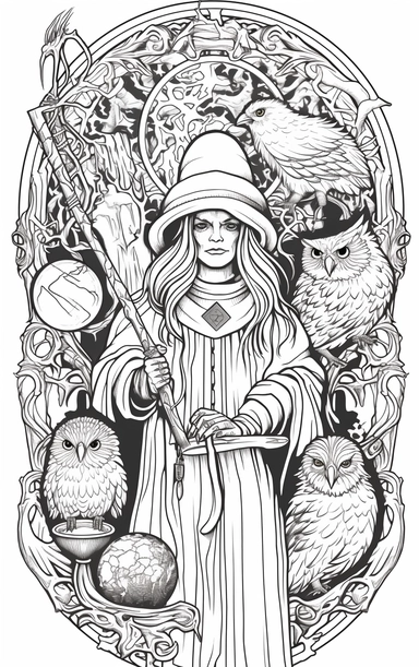 Coloring cartoon page for adult,witch clipart 6 witches, owl, in the style of reimagined by Dr. Seus, mystic mechanisms, illusory images, witchcore, lith printing ,clear and clean line art, white background