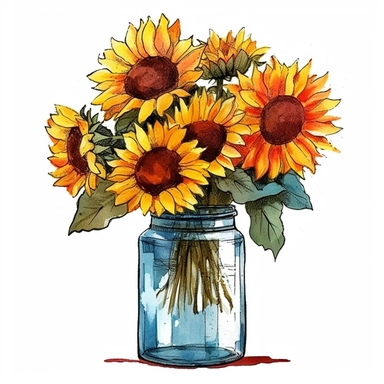 Watercolor Sunflower in a jar Clipart,clear edges,warm colors,cut-out,Outlined Edge Detection,positive energy,clear white background,vector graphics