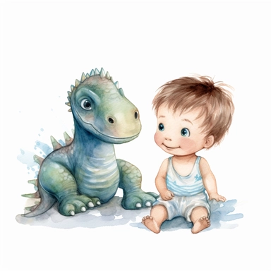 Cute baby boy and dinosaur watercolor Clipart, clear edges, white background, artistic watercolor, very detailed, watercolor, white background, isolated elements