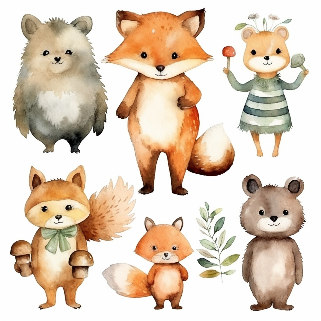 watercolor woodland animals, illustrations clipart set, simple, cartoon ...