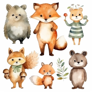 watercolor woodland animals, illustrations clipart set, simple, cartoon elements, different variants, separate elements with a margin