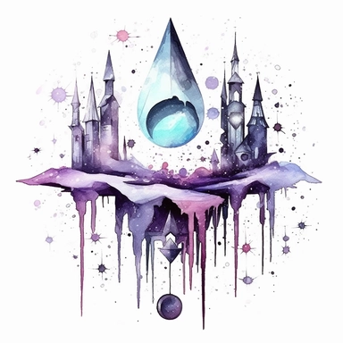 clipart watercolor creepy magic crystals with crescent moon and stars, fantasy, detailed, white background, illustration painting, collaged constructions, digital art, in the style of sculptural and geometric, forced perspective drawings, Geometric brushstrokes form an intriguingly abstract, painterly figure