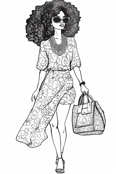 Coloring pages for adults, clean lines, beautiful african american women, afro, one flower in hair, clipart, fashion, full body, purse, heels, pantss, skirts,, necklace, shirt, handbag, boss